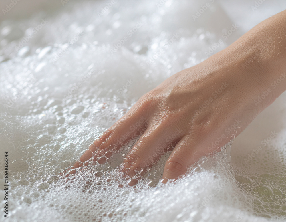 Fototapeta premium Close-up of Hand Touching Thick Creamy Soap Foam with Tiny Bubbles