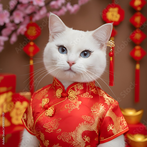Adorable white cat wearing a traditional red Chinese costume catching a gold coin in a festive Lunar New Year street market with red lanterns and decorations.