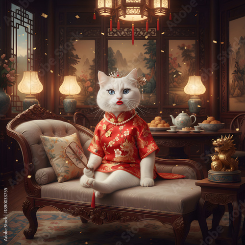 Adorable white cat wearing a traditional red Chinese costume catching a gold coin in a festive Lunar New Year street market with red lanterns and decorations.