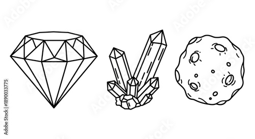 Line art illustration of a sparkling diamond, a cluster of natural crystals, and a textured meteorite or asteroid.