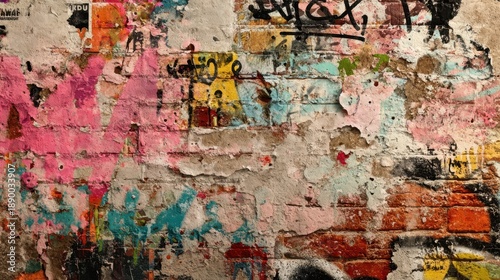 Bright colors cover a rough wall in a city alley. Different styles of graffiti blend together in a chaotic design showing artistic expression and urban culture.