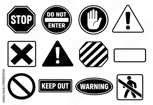 Line art warning and prohibition signs set featuring stop, do not enter, and alert symbols for safety and regulation