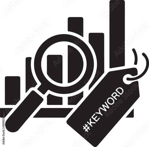 Keyword spy icon with bar chart and magnifying glass isolated on white background, illustration