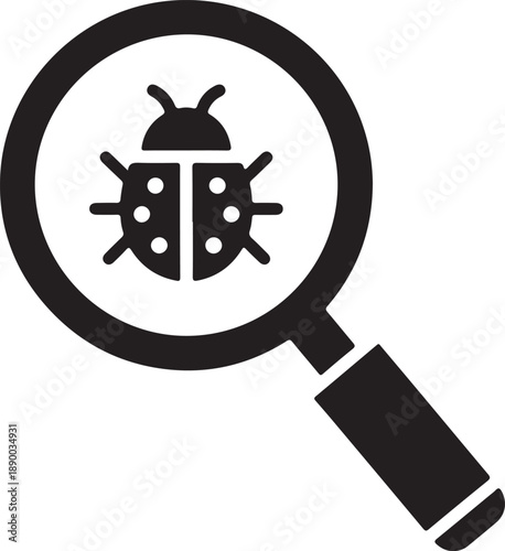Bug hunt icon with magnifying glass isolated on white background, illustration