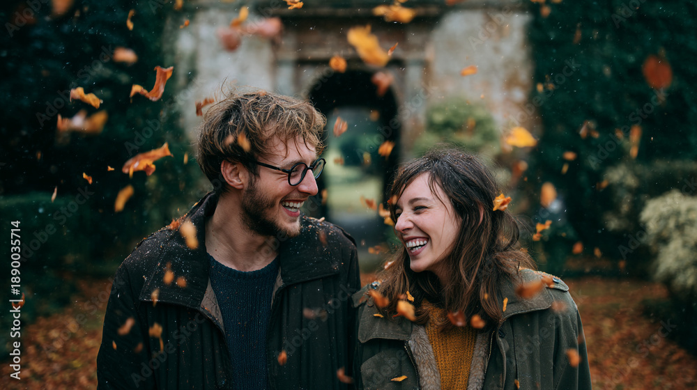 Fototapeta premium A smiling couple enjoys a romantic moment together outdoors in autumn with leaves falling around them