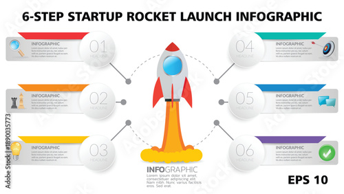 Rocket. 6-Step Startup Rocket Launch Infographic Template. Vector Business Presentation Slide with Colorful Numbered Nodes and Strategic Project Icons