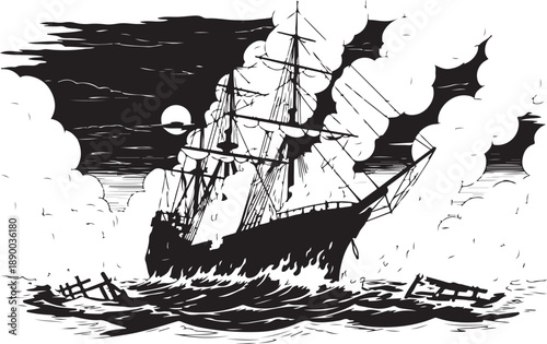 Dramatic Woodcut Illustration of a Tall Ship in a Fiery Sea Battle at Night