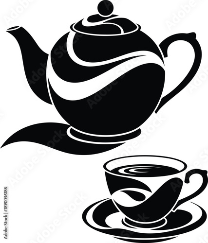 A black and white illustration of a teapot and cup on a saucer with swirling patterns, viewed from the front.