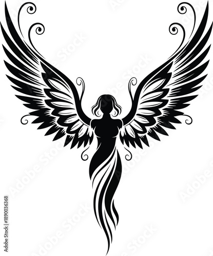 A mystical angel with flowing hair and large wings stands elegantly in a serene illustration