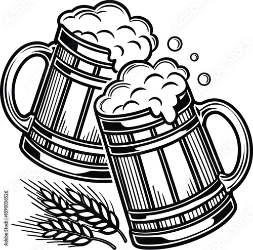 Two wooden beer mugs with foamy beer and wheat