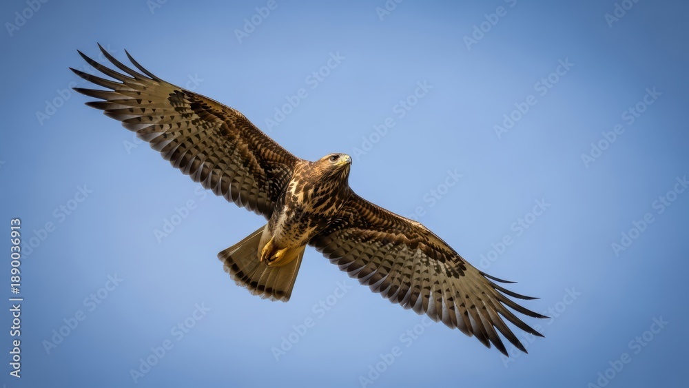Fototapeta premium Majestic hawk soaring through clear blue sky with outstretched wings on a sunny day