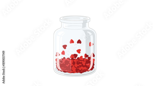 A clear glass jar filled with numerous red heart-shaped confetti pieces, symbolizing a collection of love and cherished memories.