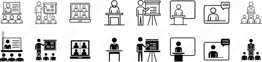 Fototapeta premium Black and white icons of people interacting with digital devices