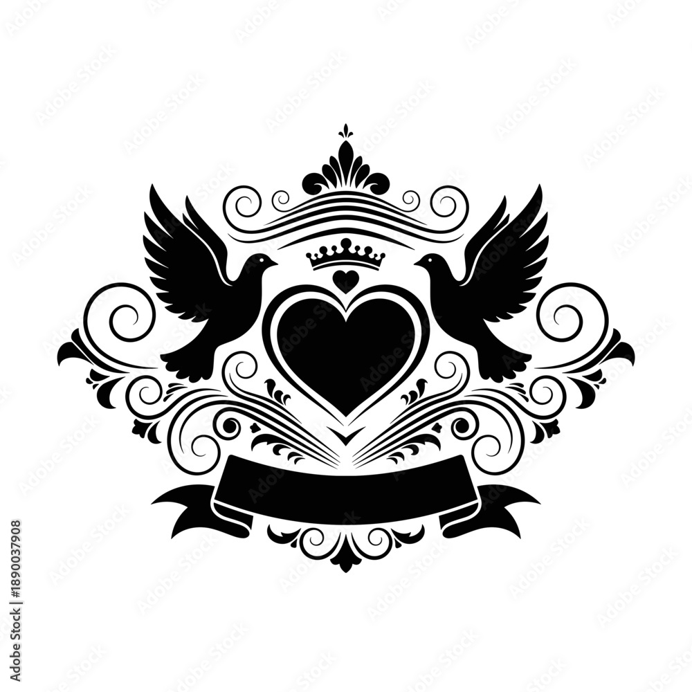 Fototapeta premium Ornate Black Heart Crest with Wings.