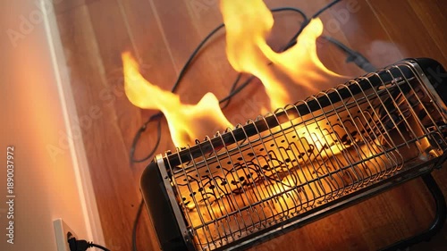 Electric space heater on fire with flames and smoke, dangerous home electrical hazard.