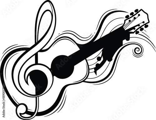 A stylized illustration of a guitar merged with a treble clef, surrounded by swirling musical notes, viewed from a slight angle.