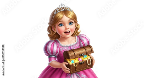 A happy young blonde princess girl wearing a pink gown and tiara, holding an open treasure chest filled with gold and jewels.