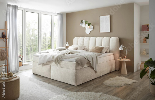 Foto Modern luxury bedroom interior in minimal scandinavian style, 3d render