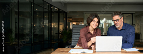 Female executive manager explaining corporate project plan to male colleague sitting at office desk. Business team of two busy professionals working together discussing ai solutions using laptop.