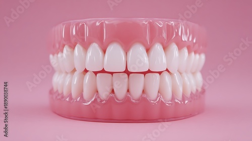 Human teeth dental model with pink gums on soft pink background showing healthy white teeth and oral care.