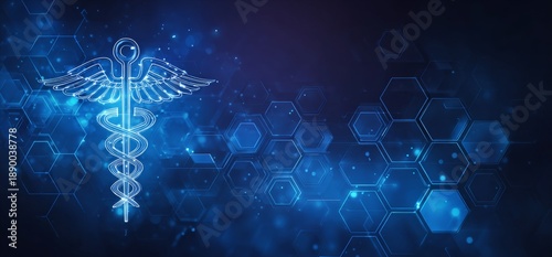 Modern medical caduceus symbol on blue hexagonal background