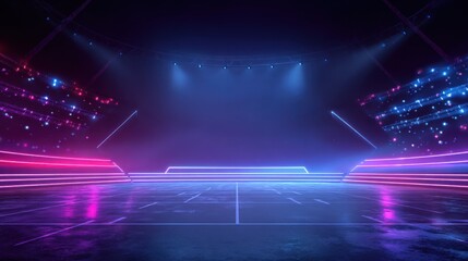 Empty futuristic cyber stage background with neon glowing lights and spotlights in virtual arena