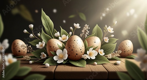 Realistic Easter Eggs with White Flowers and Green Leaves on Wooden Table