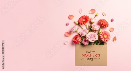 Happy Mother's Day Typography on Envelope with Blooming Spring Flowers Flat Lay