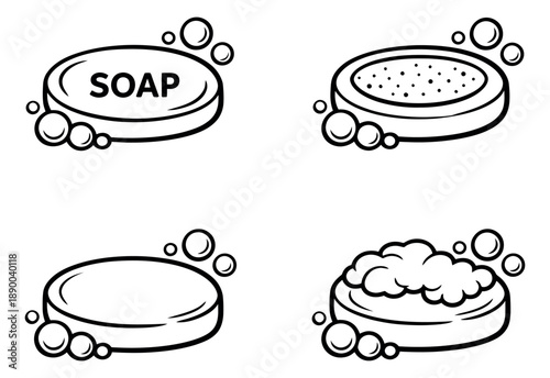 Hand drawn line art hygiene icon set featuring soap bars with bubbles and lather for bathroom and cleaning concepts