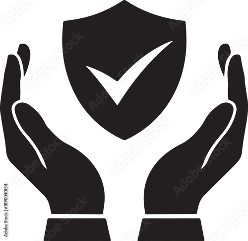 Protective hands cradling a shield with a checkmark symbolizing security and approval viewed from a straightforward perspective illustrating a strong sense of safeguarding and validation