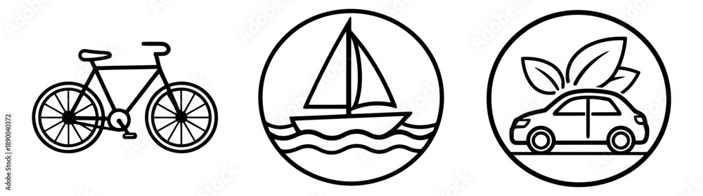 Obraz premium Simple line art icons set featuring a bicycle, a sailboat, and an eco-friendly car for sustainable transportation