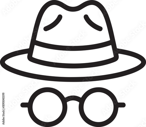 Illustration of a stylish fedora hat and round glasses on a clean white background from a direct viewpoint, symbolizing fashion and detective elements