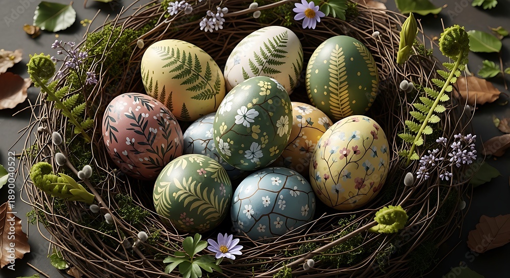 Obraz premium Easter Eggs with Botanical Leaf Patterns on Natural Moss and Twig Background