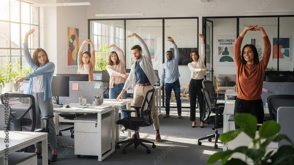 custom made wallpaper toronto digitalOffice workers stretching during a wellness break in an open-plan workspace
