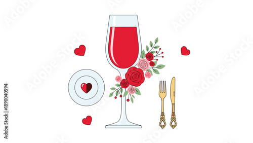 A romantic dinner setting with a glass of red wine, a plate with a heart, roses, and cutlery, perfect for Valentine's Day or a special romantic meal.