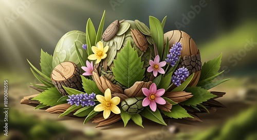 Realistic Easter Eggs with White Flowers and Green Leaves on Wooden Table