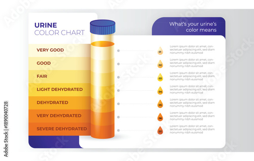 7-Step Urine Color Chart Infographic. Vector Medical Illustration for Hydration Levels, Dehydration Awareness, and Health Monitoring