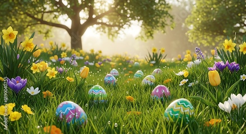 Colorful Easter Eggs Hidden in Sunny Spring Grass Meadow with Flowers
