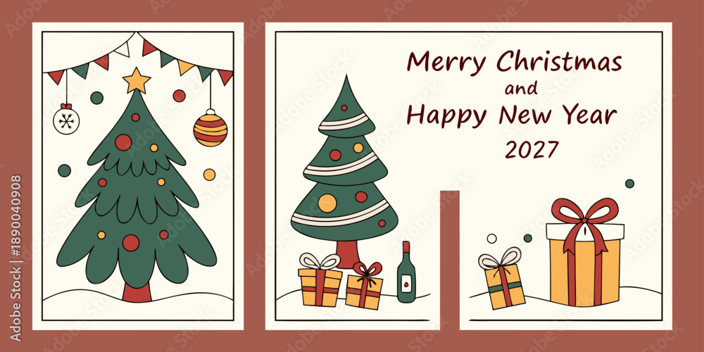 Naklejka premium Christmas and new year 2027 holiday greeting card collection featuring decorated evergreen trees and gift boxes christmas celebration greeting illustration collection