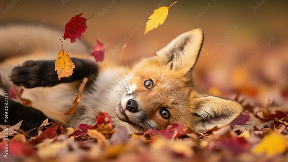 Fototapeta premium Fox lying on autumn leaves