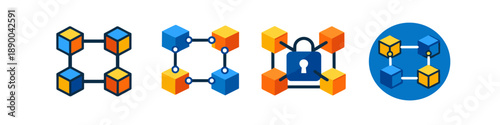 Blockchain technology icons showing interconnected blocks and security features