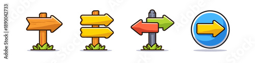 Collection of cartoon signposts and directional arrows indicating different paths