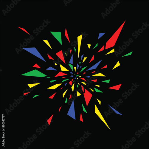 Dynamic abstract explosion of vibrant colorful geometric shards bursting outwards on a dark background, fragmented shapes, modern art illustration