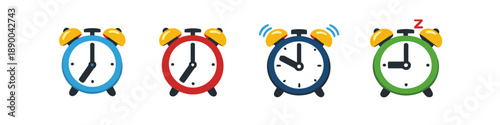 Collection of four colorful alarm clocks showing different times and states