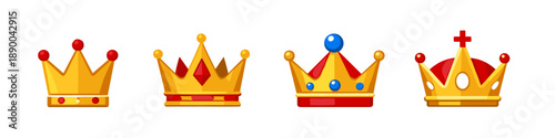 Collection of four golden crowns with red and blue jewels and crosses