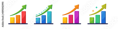 Four colorful bar charts with upward trending arrows indicating growth and success