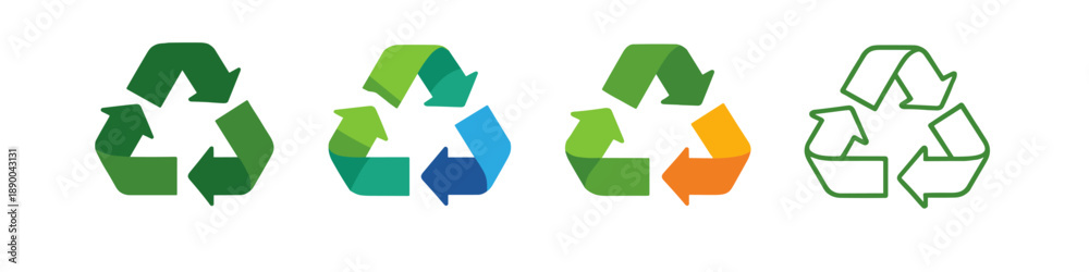 Fototapeta premium Collection of diverse recycling symbols in various colors and styles on a white background