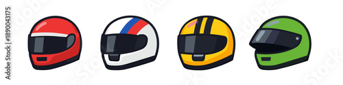 Collection of colorful racing helmets with visors, isolated on white background