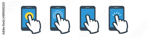 Set of four icons showing a hand touching a smartphone screen with different gestures