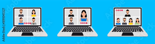 Online video conference laptops illustration. People avatars displayed on computer screens